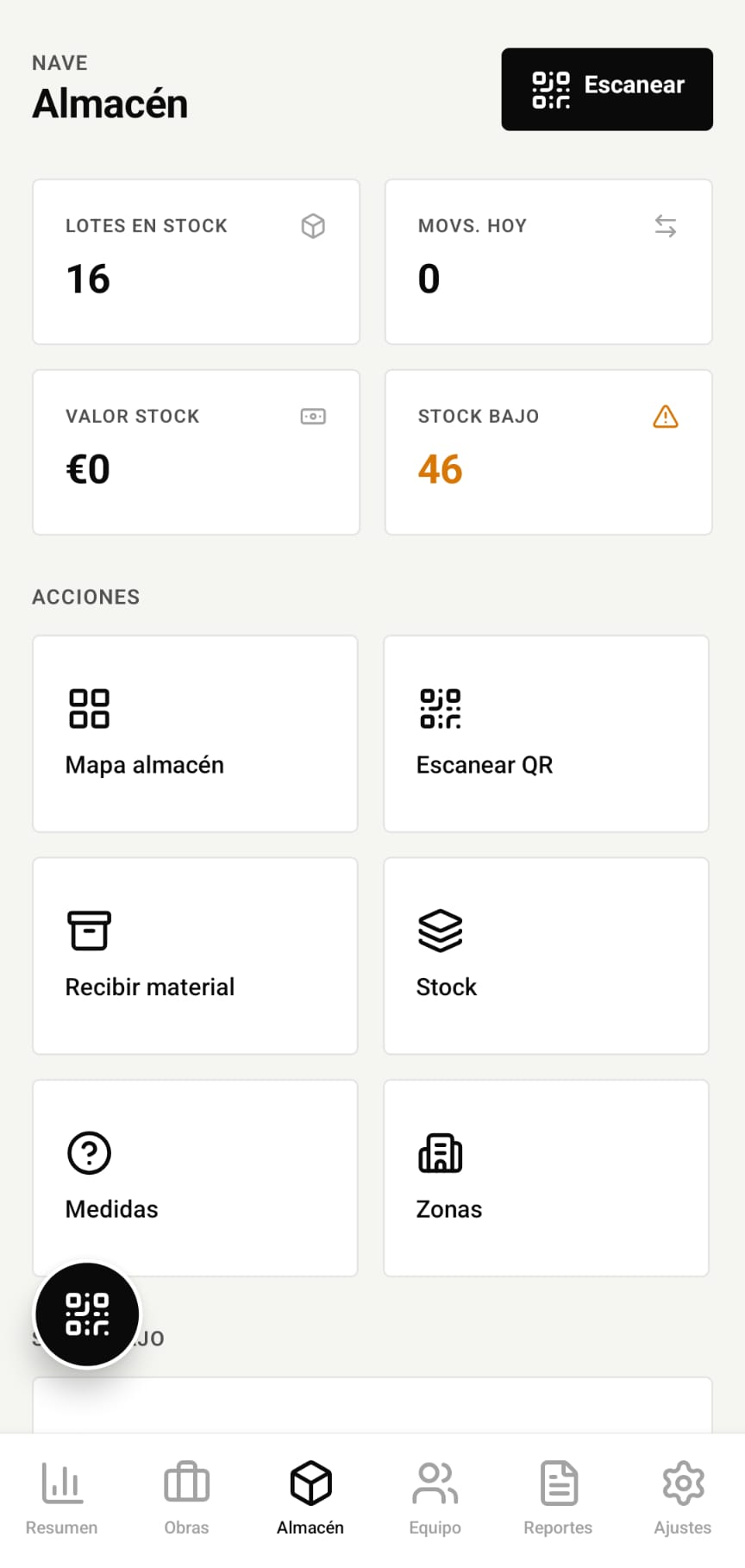 Pantalla de almacén de la aplicación de Elegant Glass: lotes en stock, movimientos del día, stock bajo y acciones de escaneo