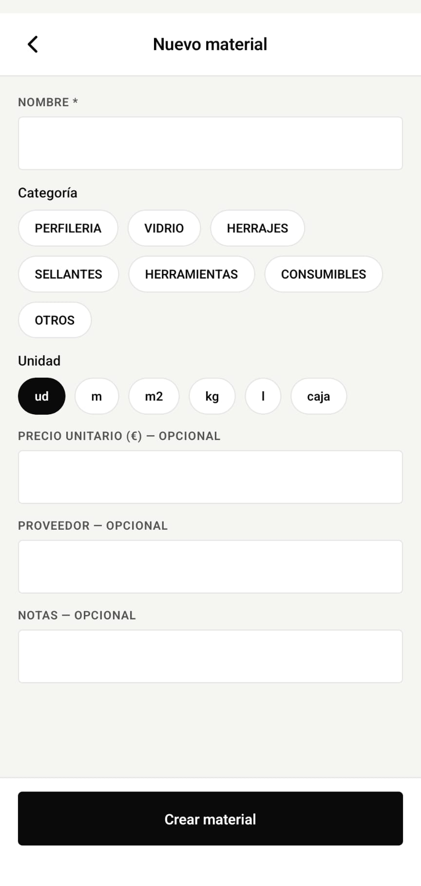 Pantalla de alta de nuevo material con categoría, unidad, precio y proveedor